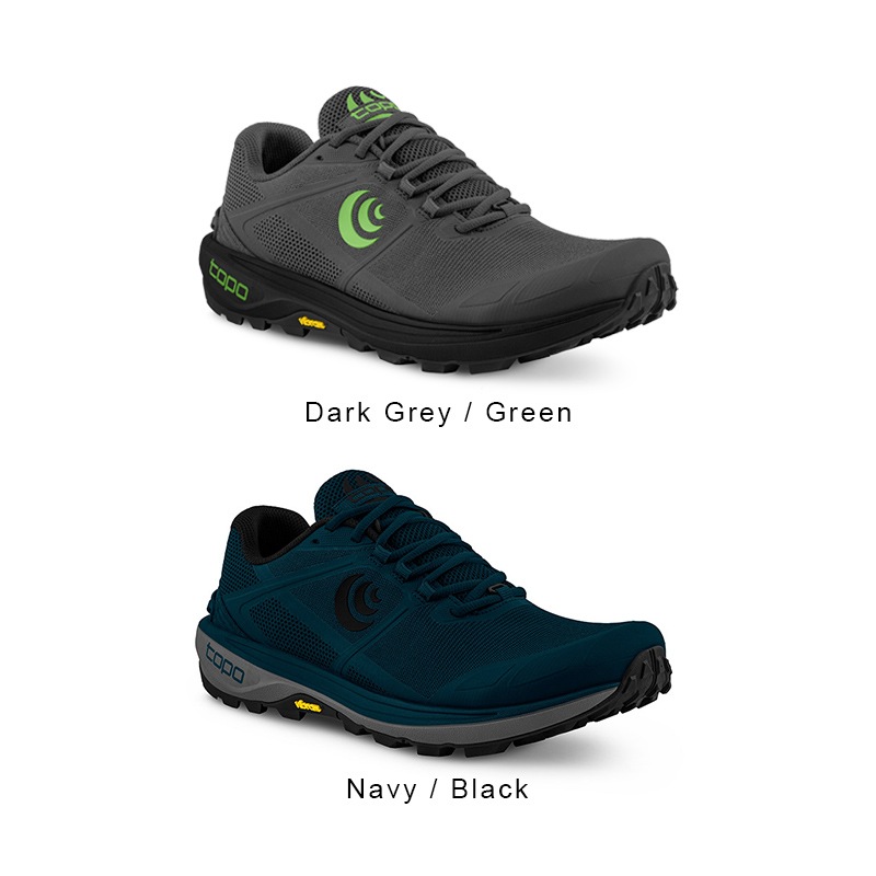 Trail shoe product image in dark gray and navy variants.